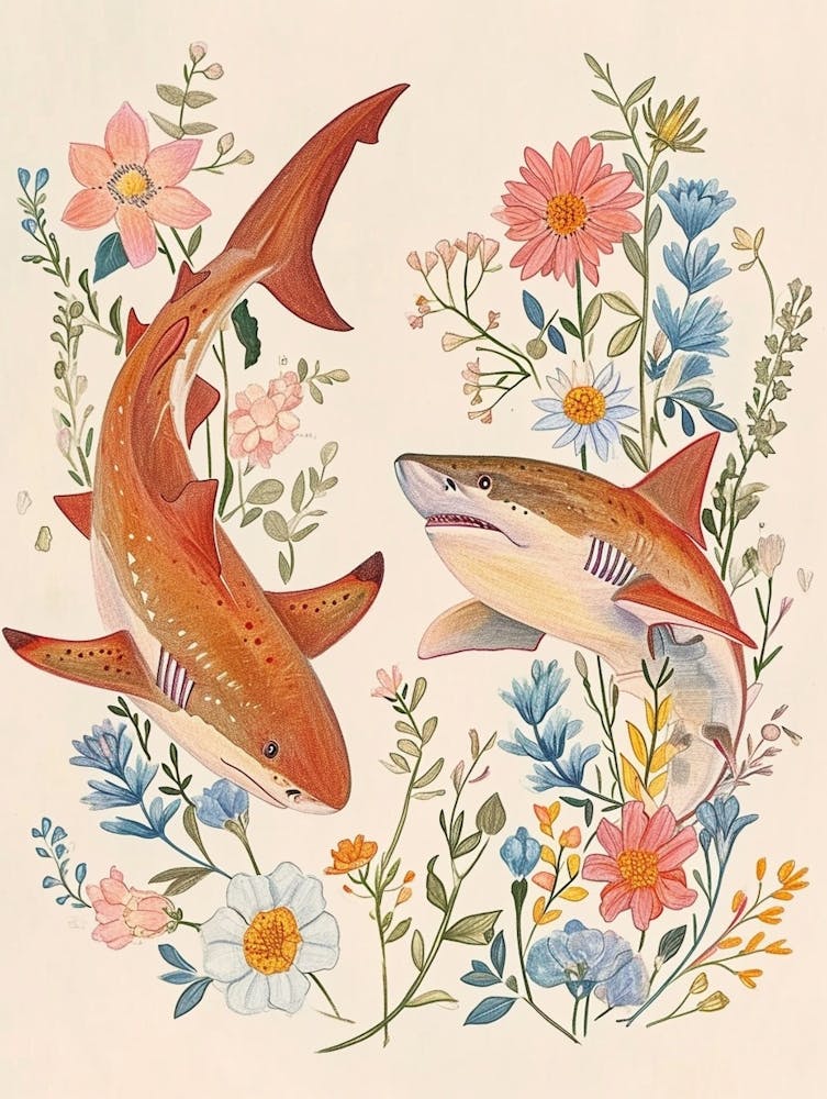 Folksy Floral Animal Drawing Shark 3