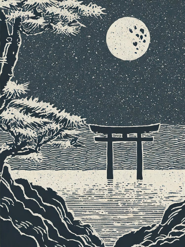 A Moonlight View Of The Floating Torii Gate Of Itsukushima Shrine Ukiyo-E Style 1