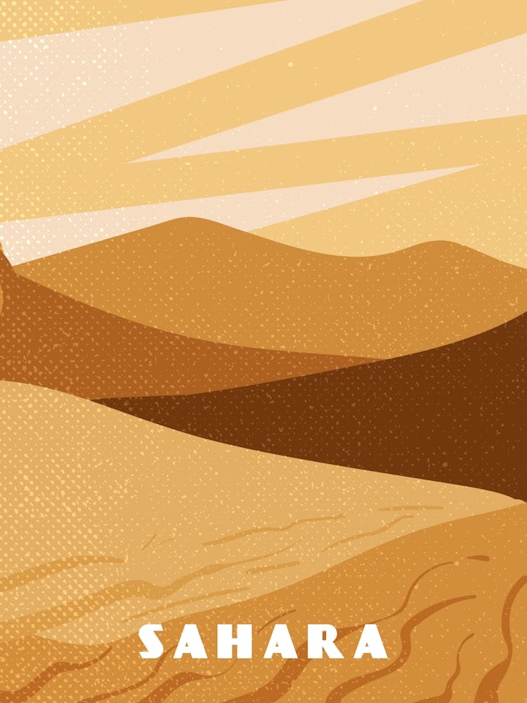 Sahara desert. Algeria, Egypt, Libya, Morocco, Sudan, Tunisia — Retro travel minimalist poster