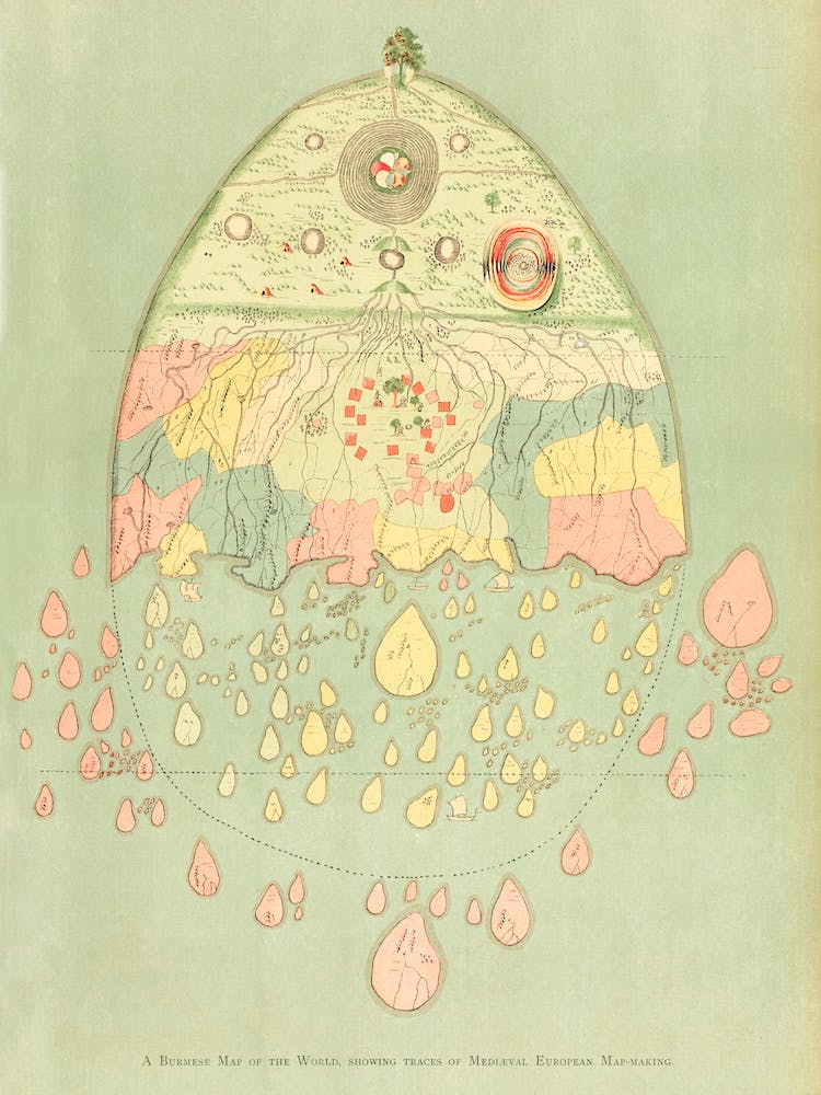 Burmese Map Of The World, Showing Traces Of Medieval European Map Making From The Thirty Seven Nats A Phase Of Spirit Worship Prevailing In Burma (1906)
