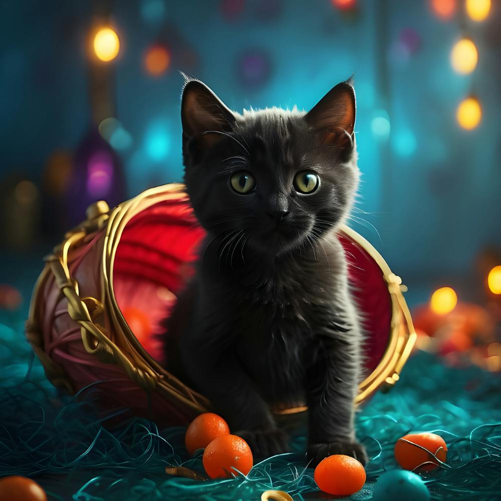 Cute Black Kitten In Basket
