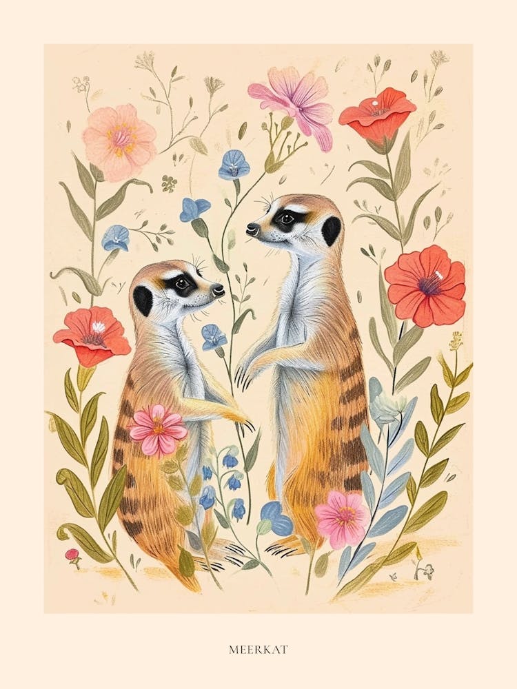 Folksy Floral Animal Drawing Meerkat 2 Poster