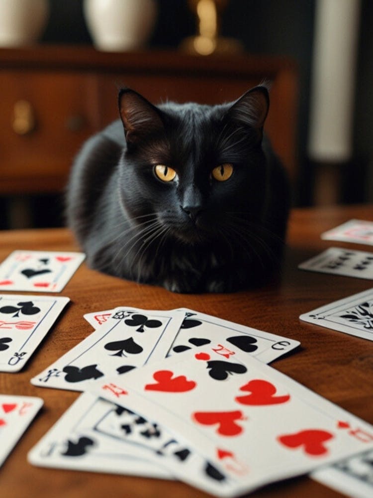 Black Cat With Playing Cards 1