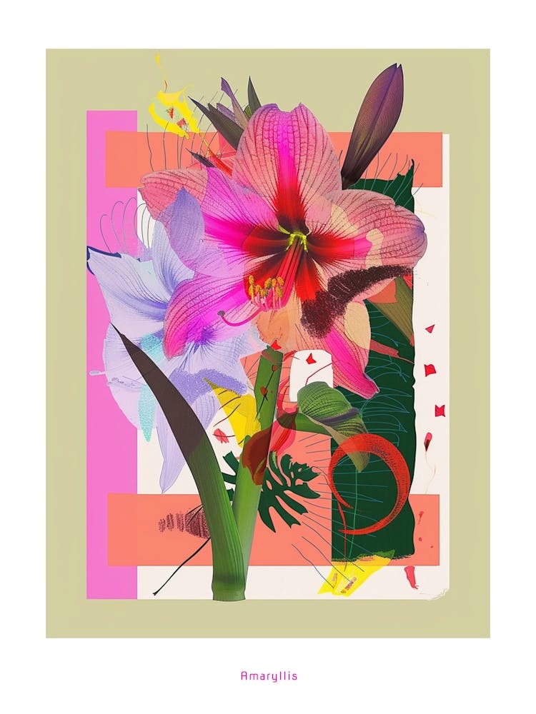 Amaryllis 1 Neon Flower Collage Poster