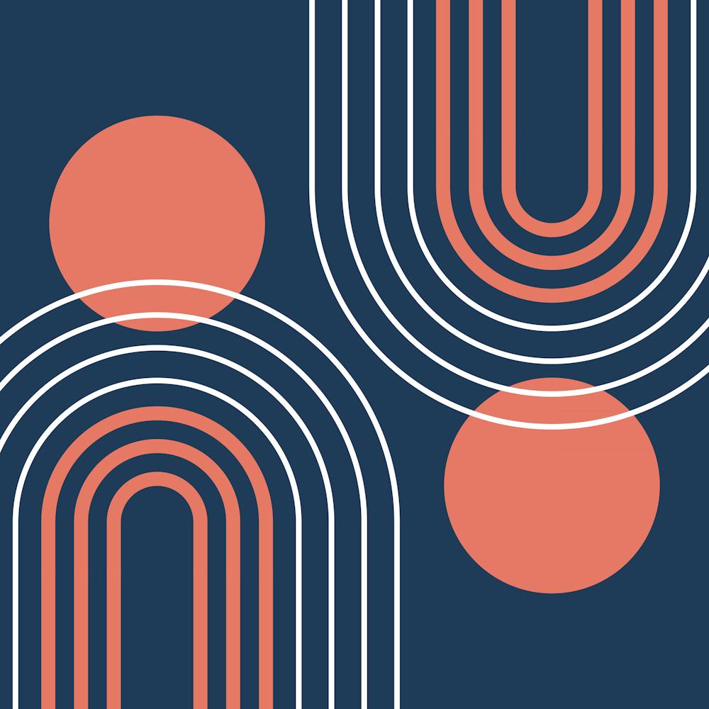 Mid Century Modern Geometric B34 In Navy Blue And Coral (Rainbow And Sun Abstract) 02