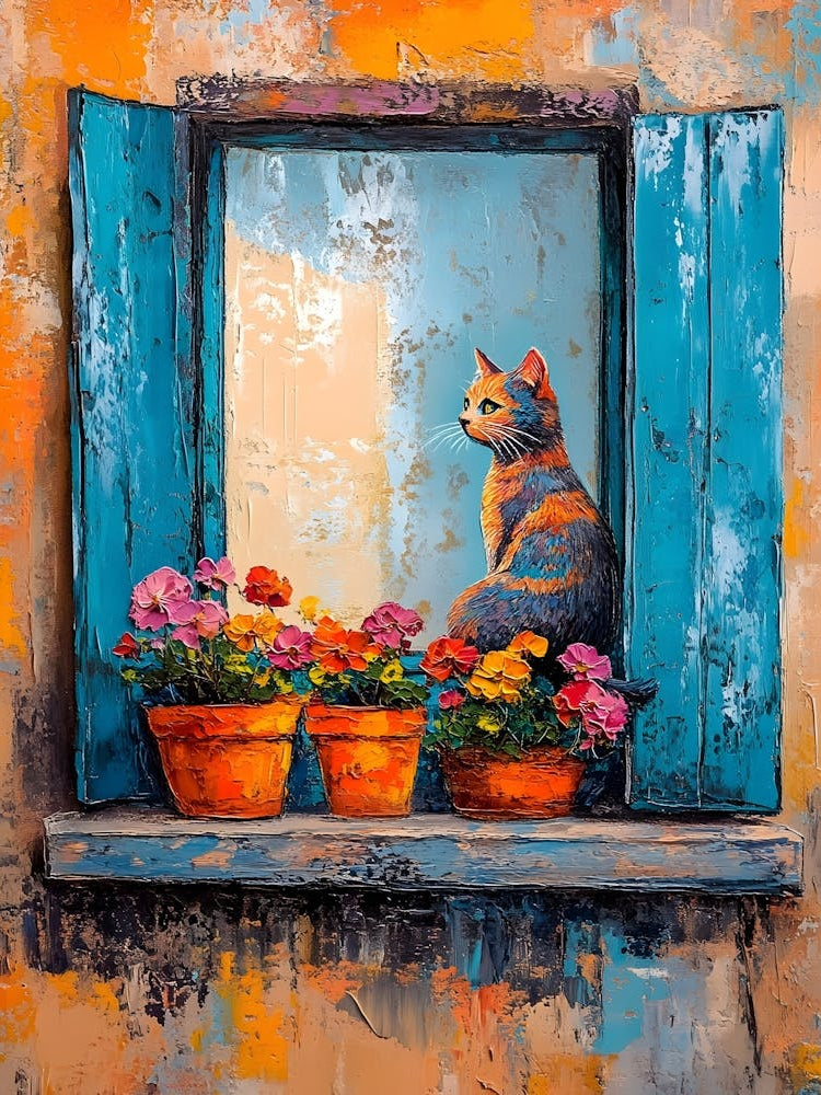 Cat In Window With Flowers 14