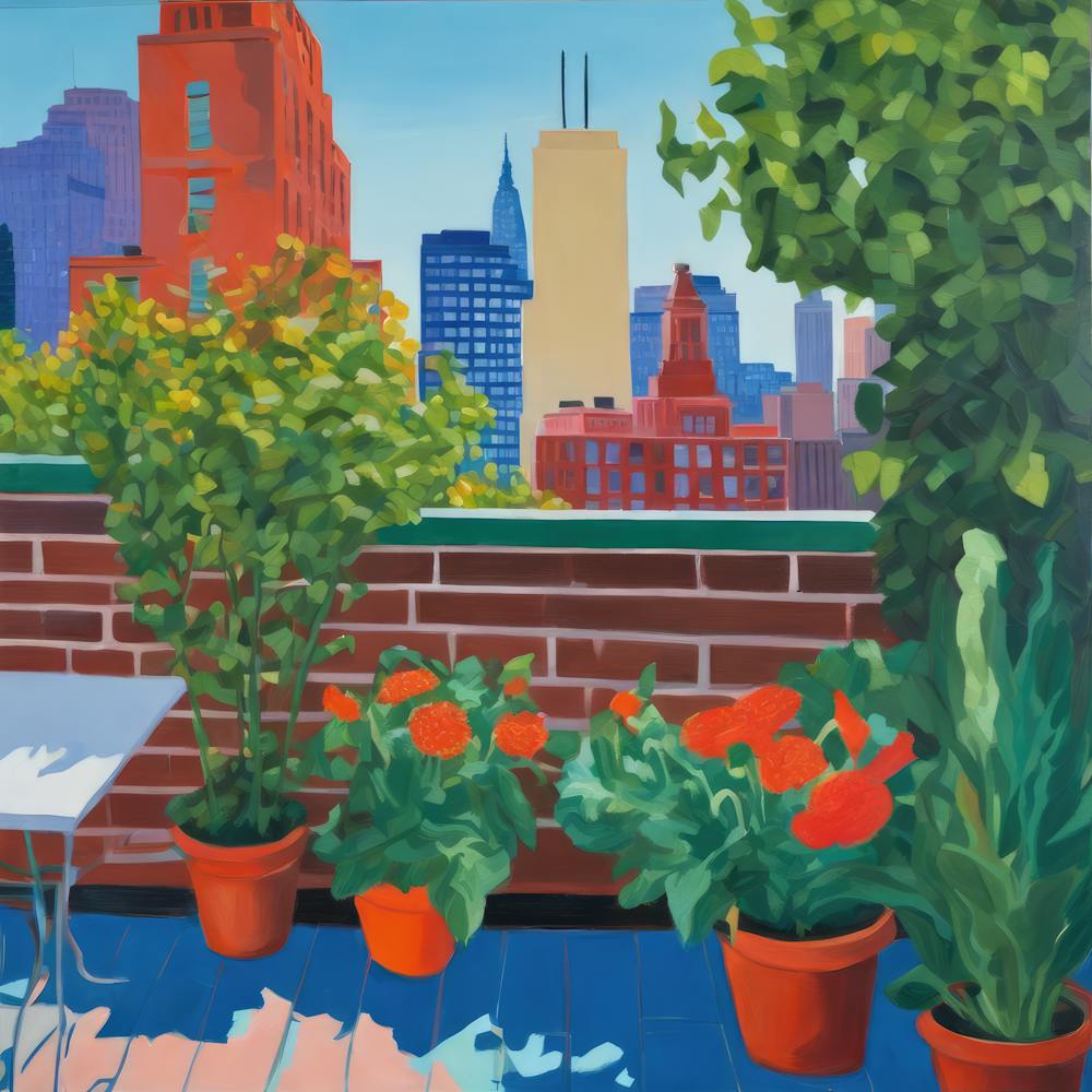 Rooftop Garden New York Series. Style of David Hockney 1