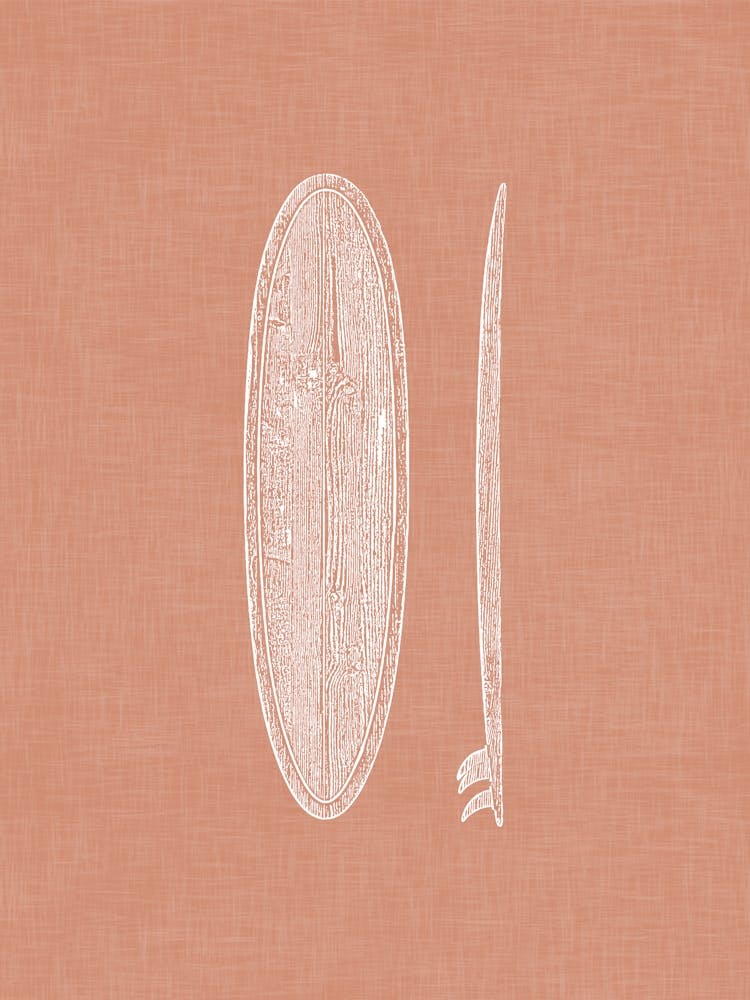 Vintage Surfboard Silhouette On Terracotta Linen Texture