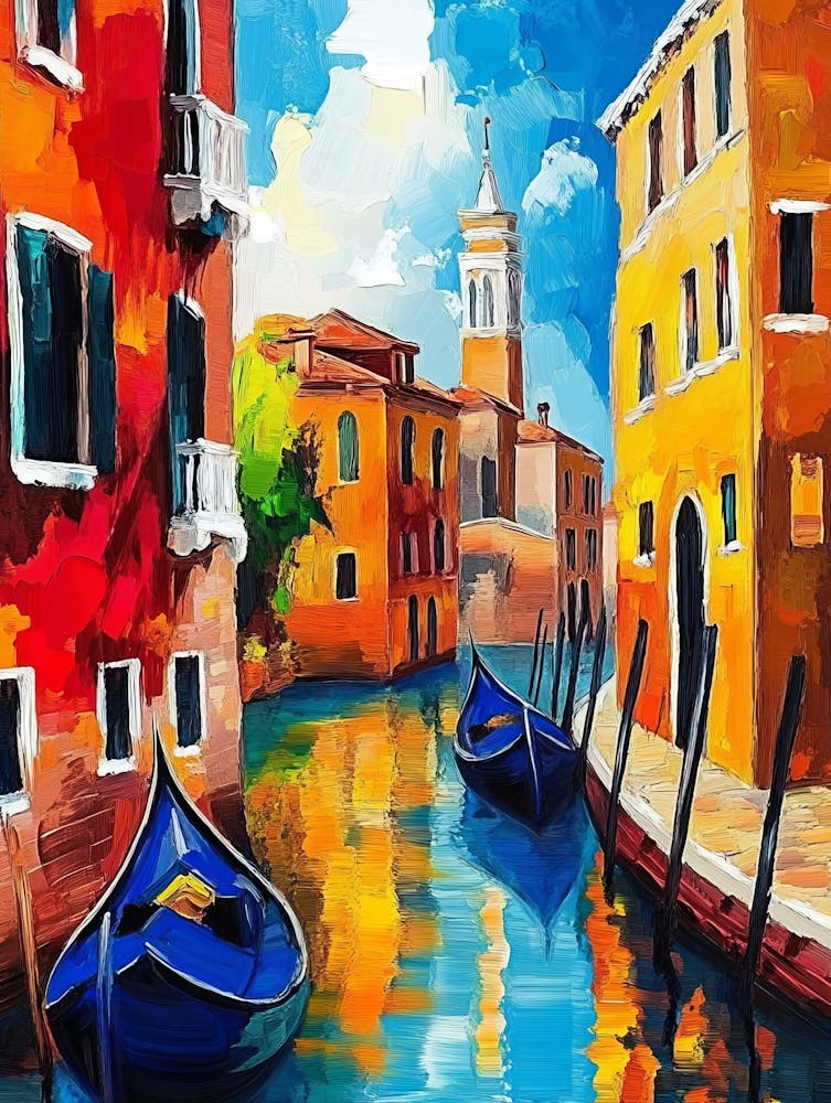 Venice Canals And Houses, Colorful Palette Knife