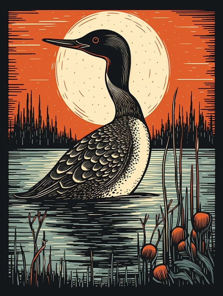 Vintage Bird Linocut Common Loon 4
