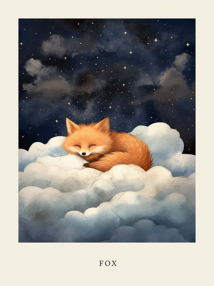 Baby Fox 3 Sleeping In The Clouds Nursery Poster