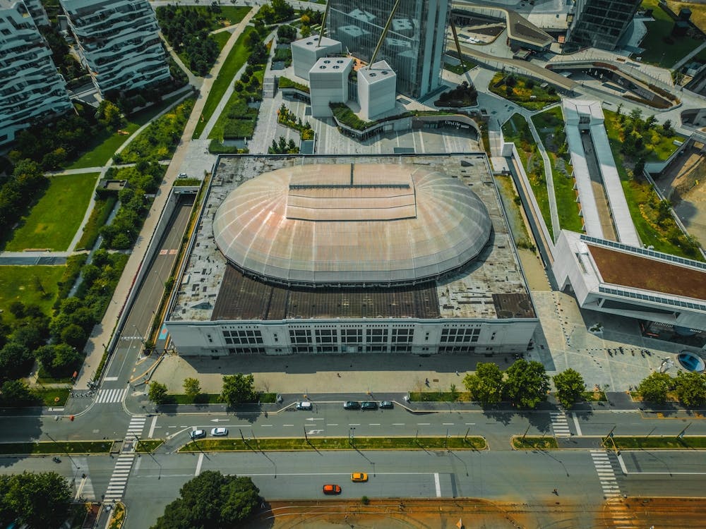 Top view of the road with cars in the City Life Milan area. Italy, Lombardy.