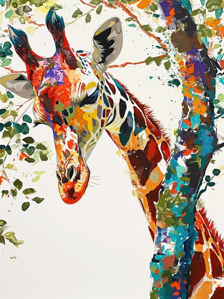 Farbenfrohe Giraffe vor Baumrinde 2