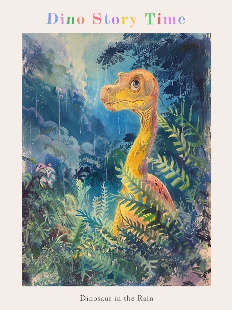 Dinosaur In The Rain Watercolour Illustration 1 Poster