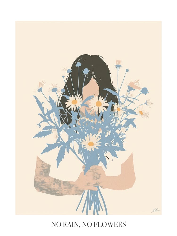 Pas de Pluie, Pas de Fleurs Affiche Jeune fille printanière aux fleurs bleues 1