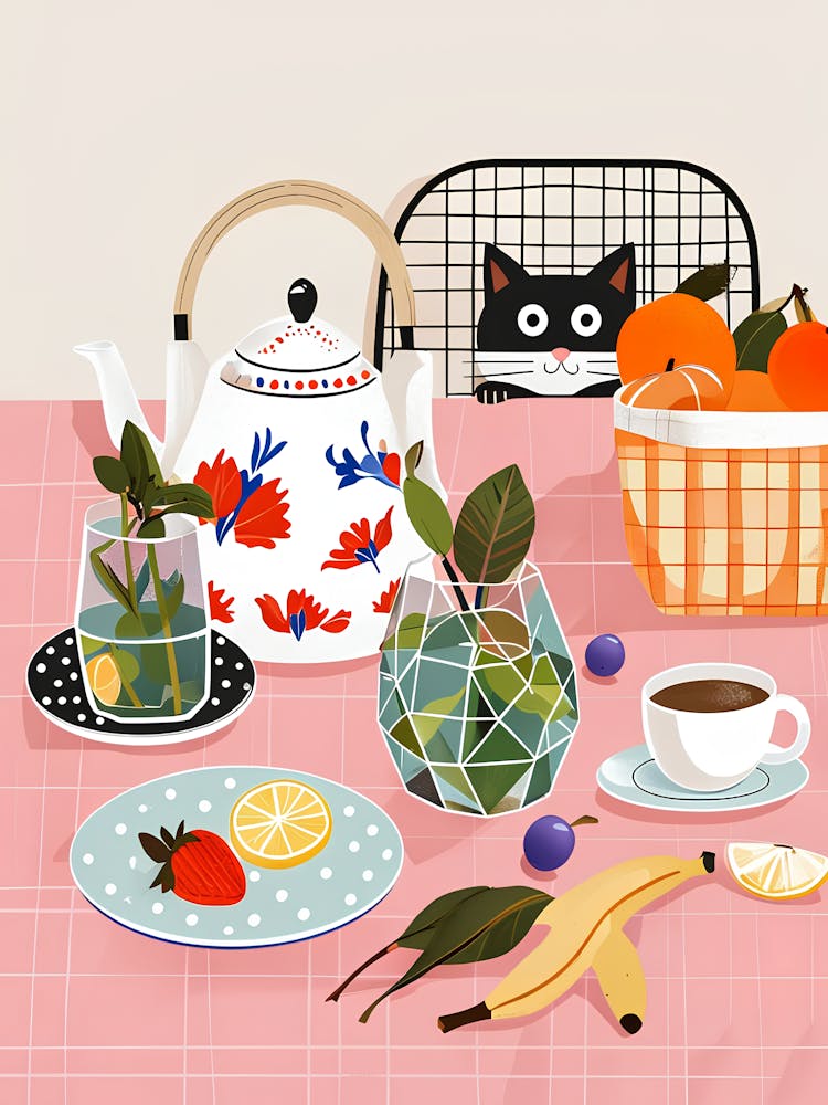 Whimsical Still Life Featuring Teapot Cat And Fruits