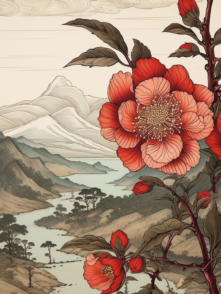 Tsubaki Kamelie Japanische Botanische Illustration