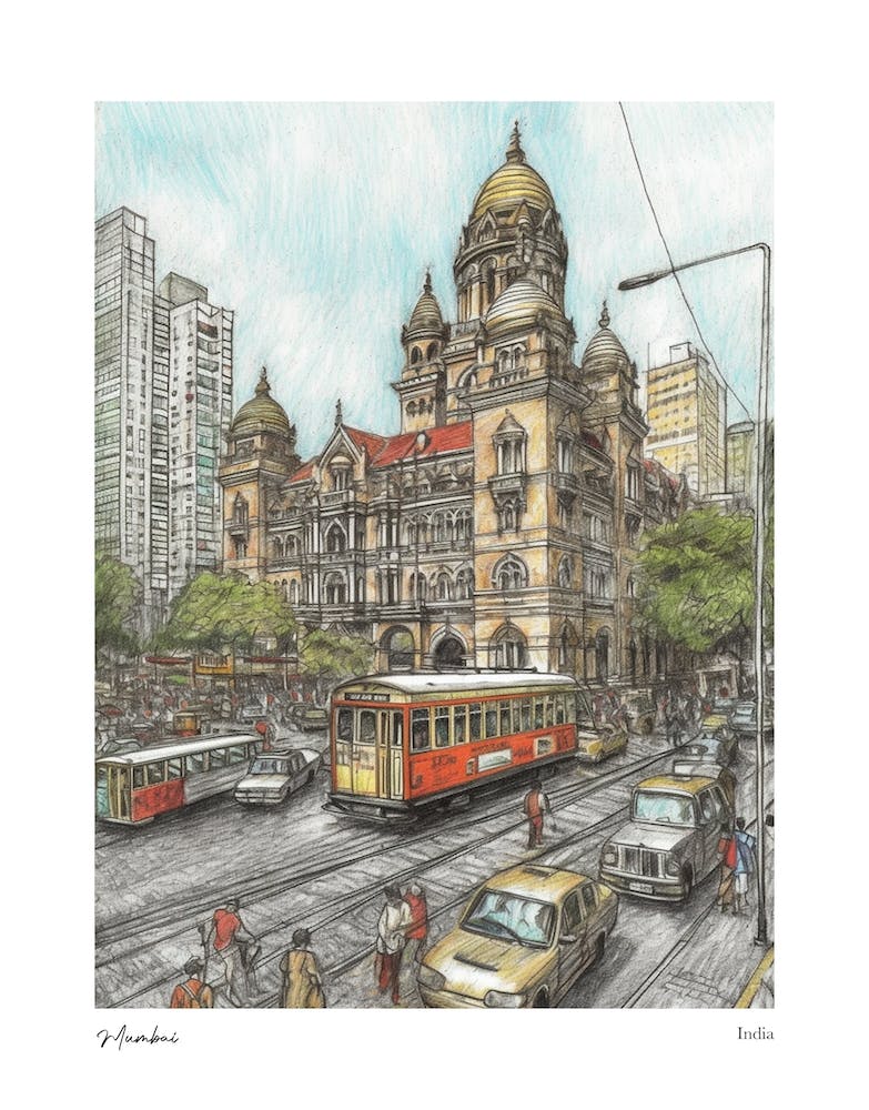 Mumbai India Drawing Pencil Style 1 Travel Poster