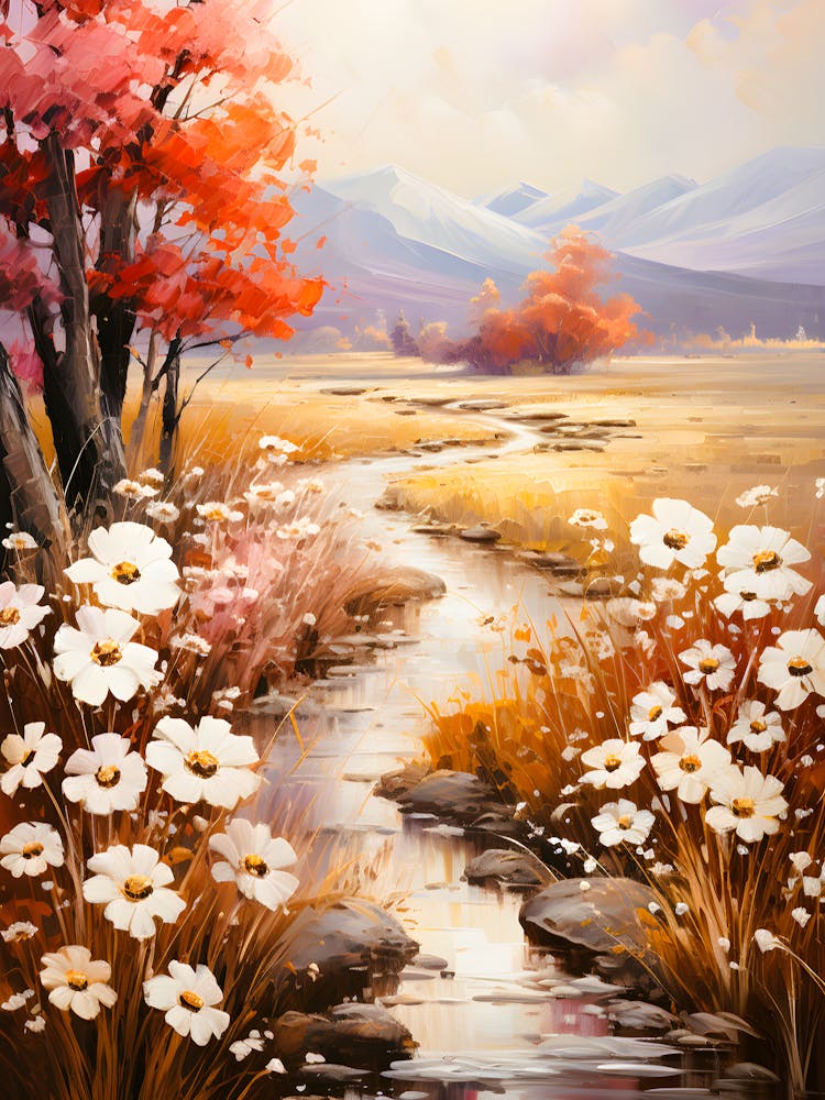 Vintage Farmhouse Landscape Print – Cozy Fall Scenery With Wildflowers
