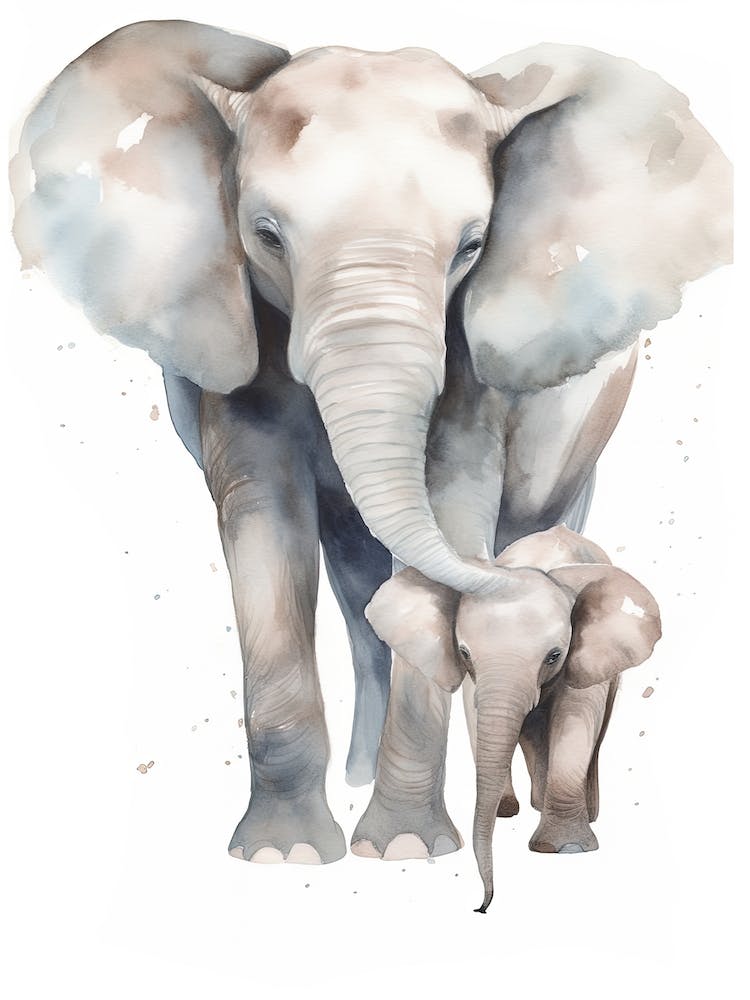 Elephant And Baby Watercolour Illustration 4