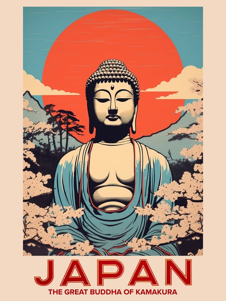The Great Buddha Of Kamakura, Visit Japan Vintage Travel Art 4