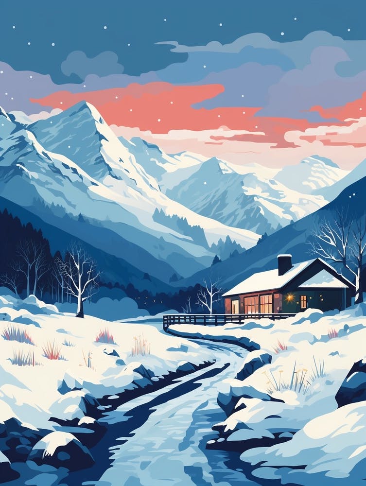 Winter Travel Night Illustration Snowdonia National Park 3