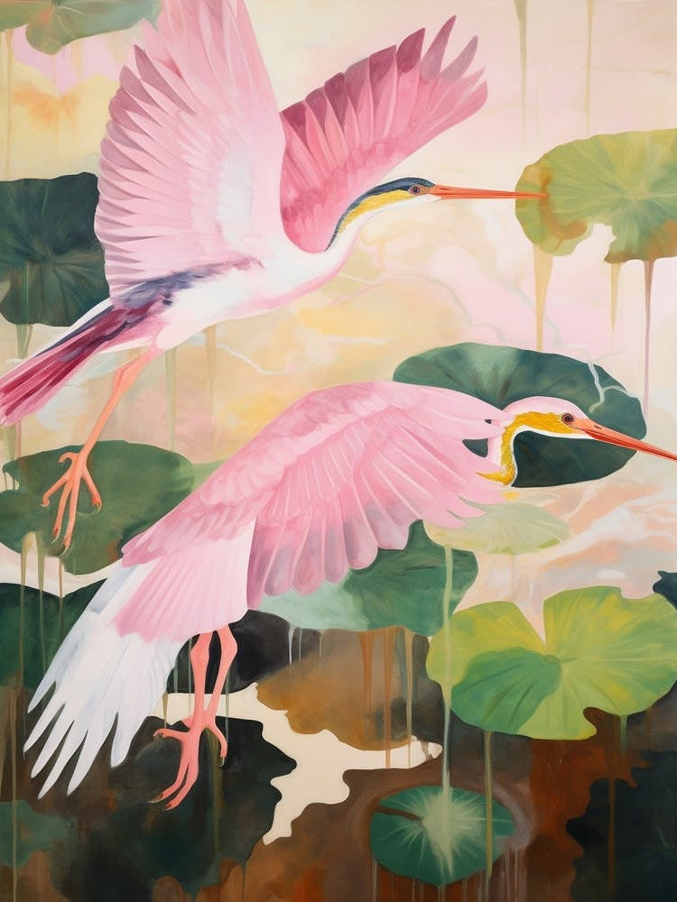 Pink Ethereal Bird Painting Green Heron