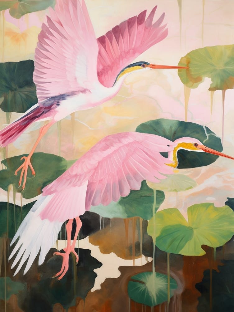 Pink Ethereal Bird Painting Green Heron