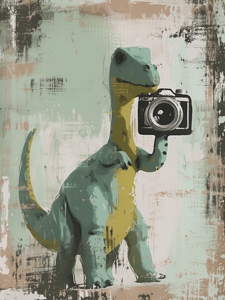 Dinosaur Taking A Photo On An Analogue Camera Muted Pastels 1