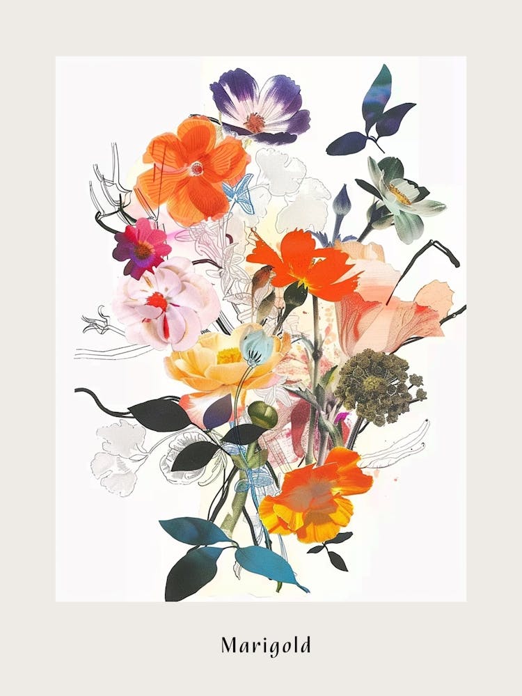 Marigold 1 Collage Flower Bouquet Poster