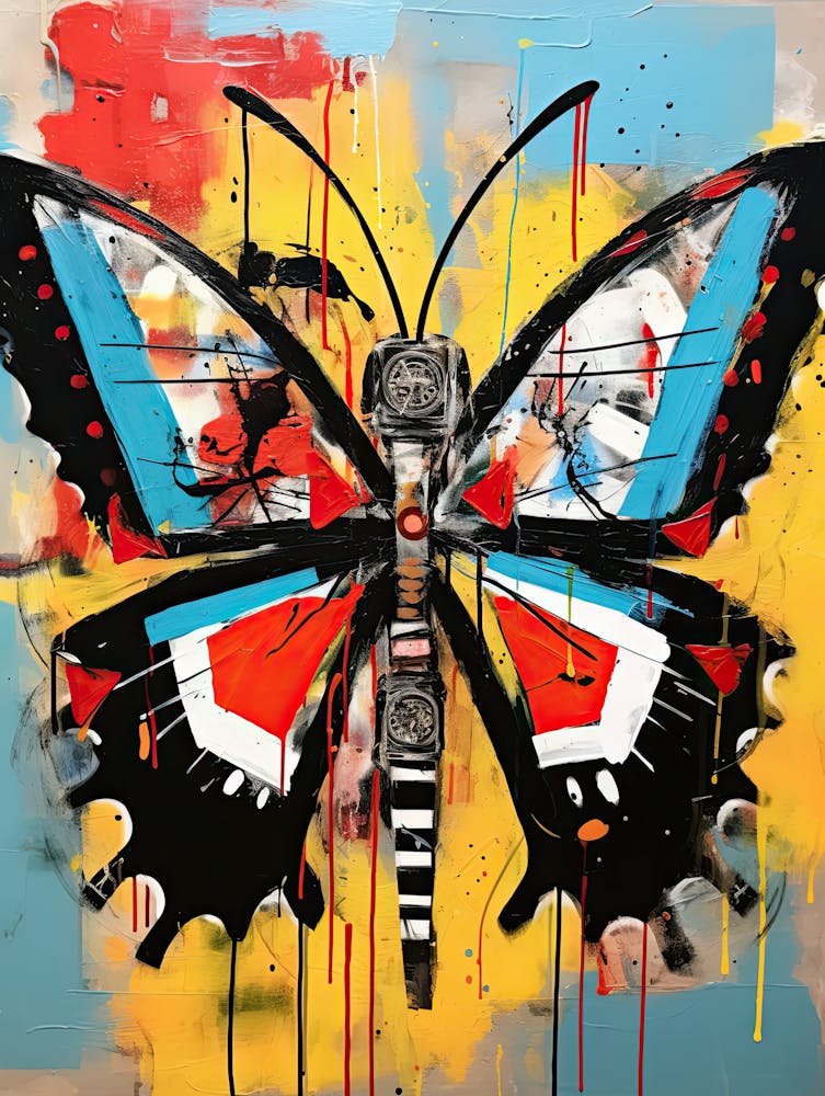 Butterfly yellow, red, blue in Basquiat's Style