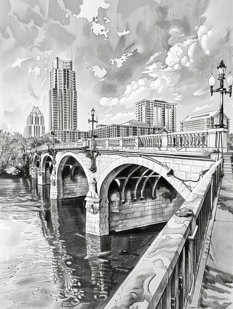 Congress Avenue Bridge Austin Texas Black And White Drawing 3