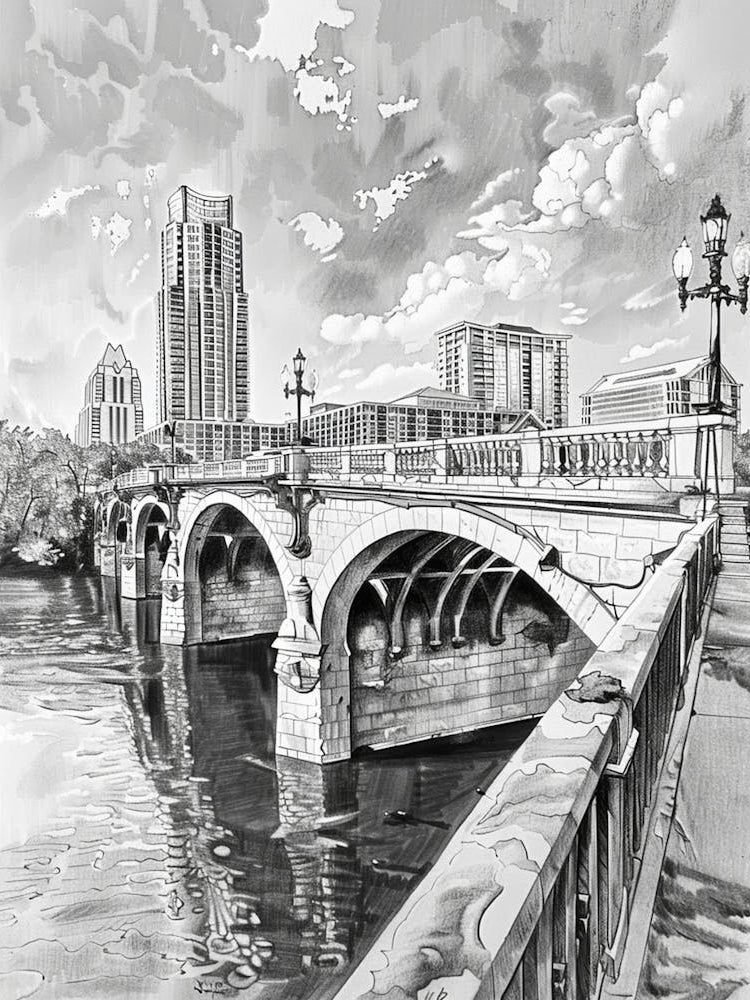 Congress Avenue Bridge Austin Texas Black And White Drawing 3