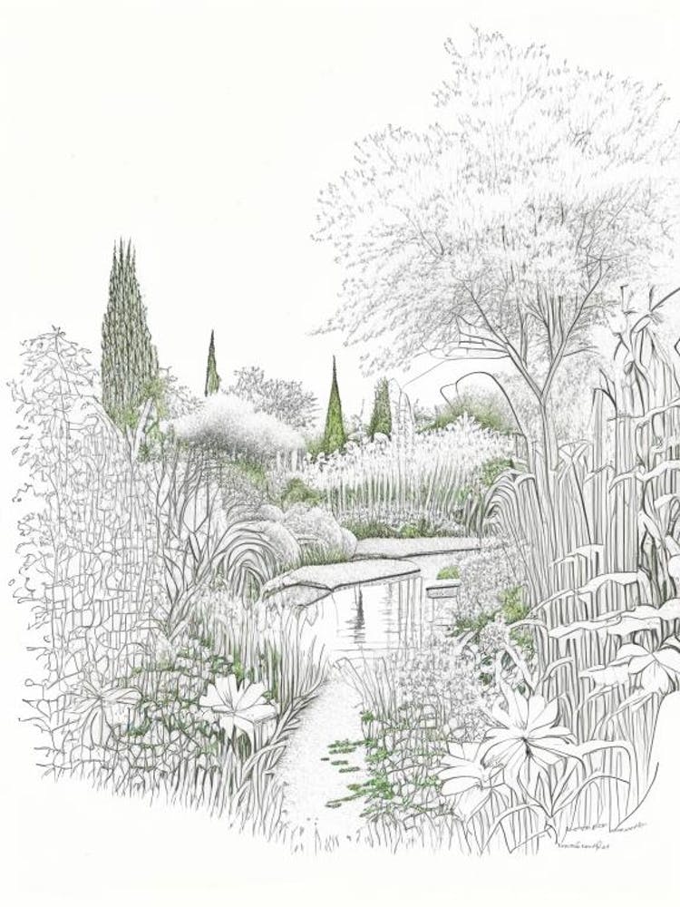 Claude Monet’S Garden, France Vintage Pencil Drawing