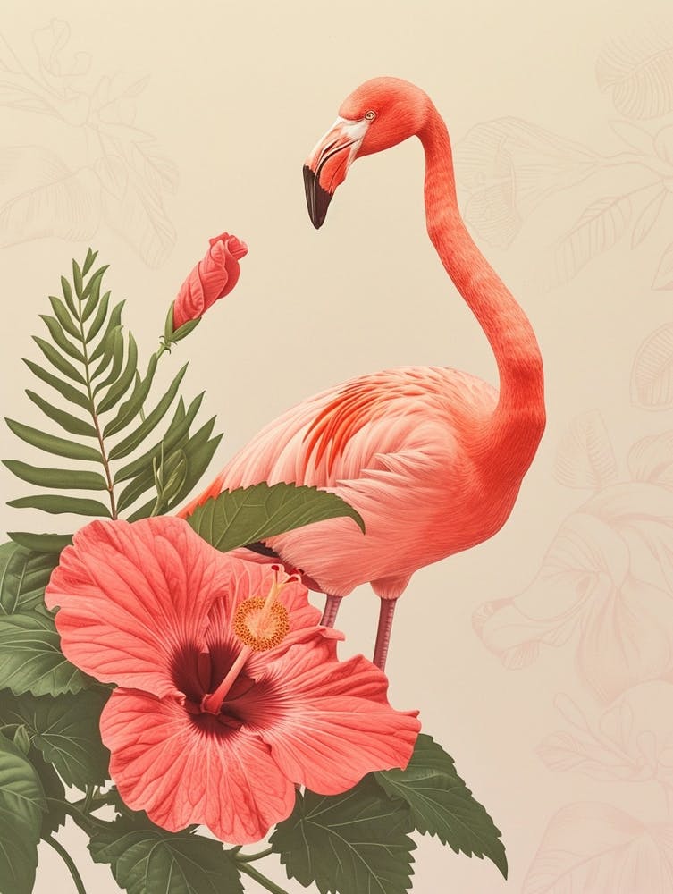 American Flamingo And Hibiscus Minimalist Illustration 3