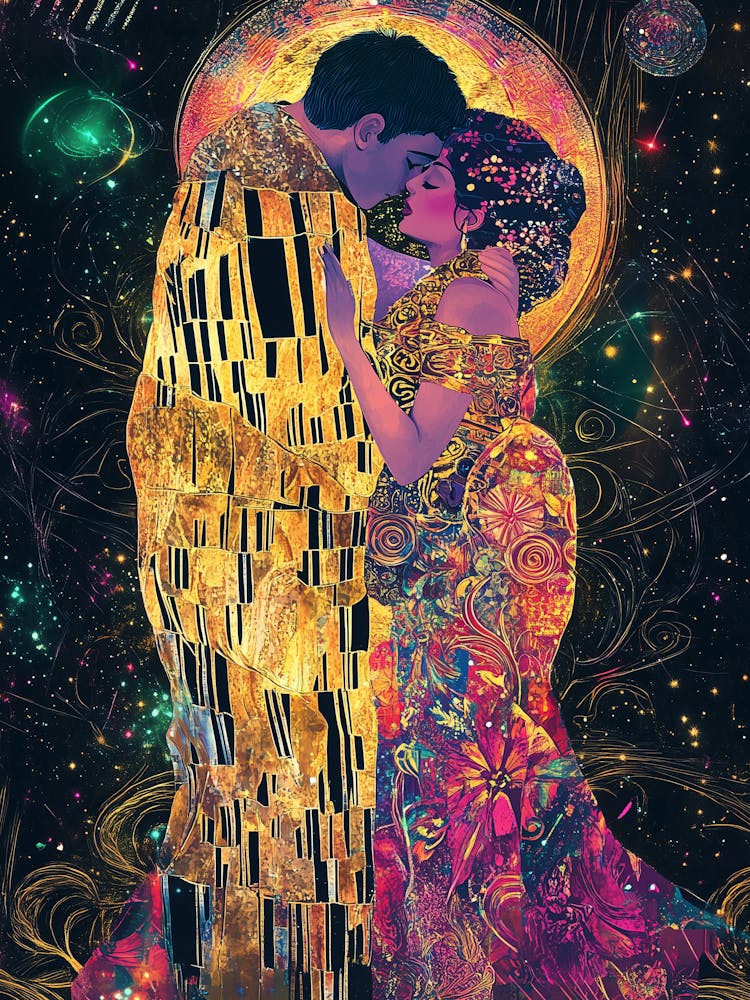 Kiss inspired by Klimt, Reimagined Masterpiece in Synthwave Cyberpunk style .