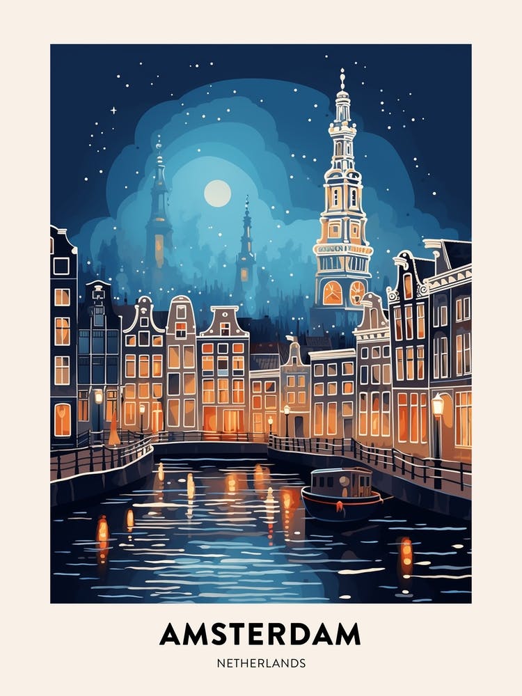 Winter Night  Travel Poster Amsterdam Netherlands 3