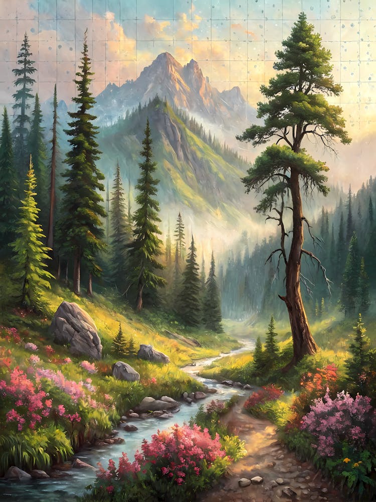 Mountain Stream & Forest Vibrant Landscape with Wildflowers and Sunlight