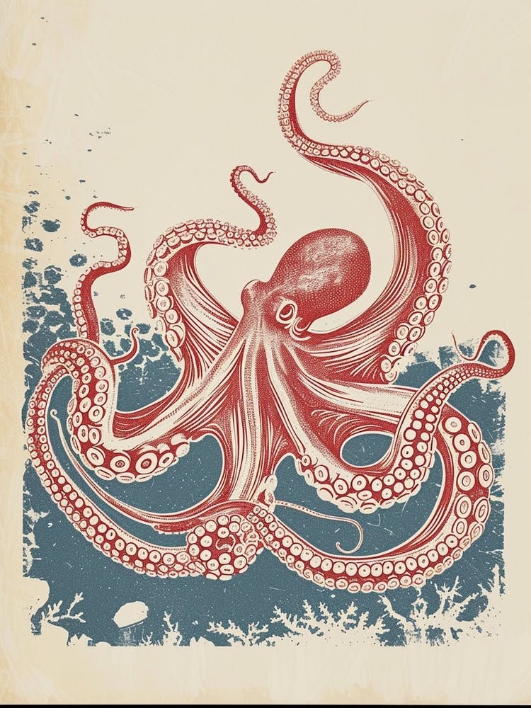Octopus Red & Blue Silk Screen Inspired 5