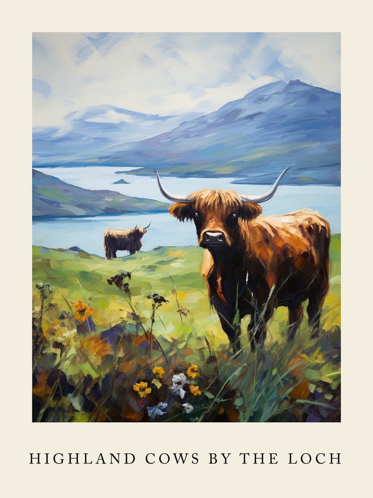 Deux vaches des Highlands près du Loch, peinture de style impressionniste