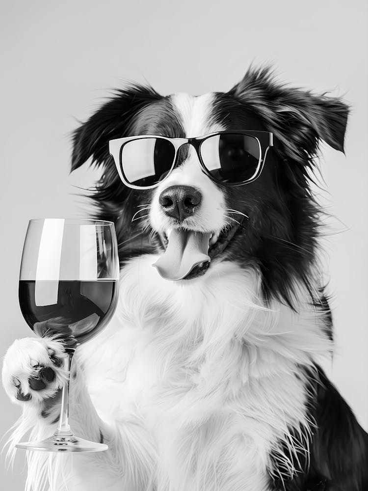Border Collie Holding Red Wine Wall Art, Black And White Print, Dog Gift, Alcohol Print, Funny Poster, Bar Cart Print, Kitchen Wall Decor