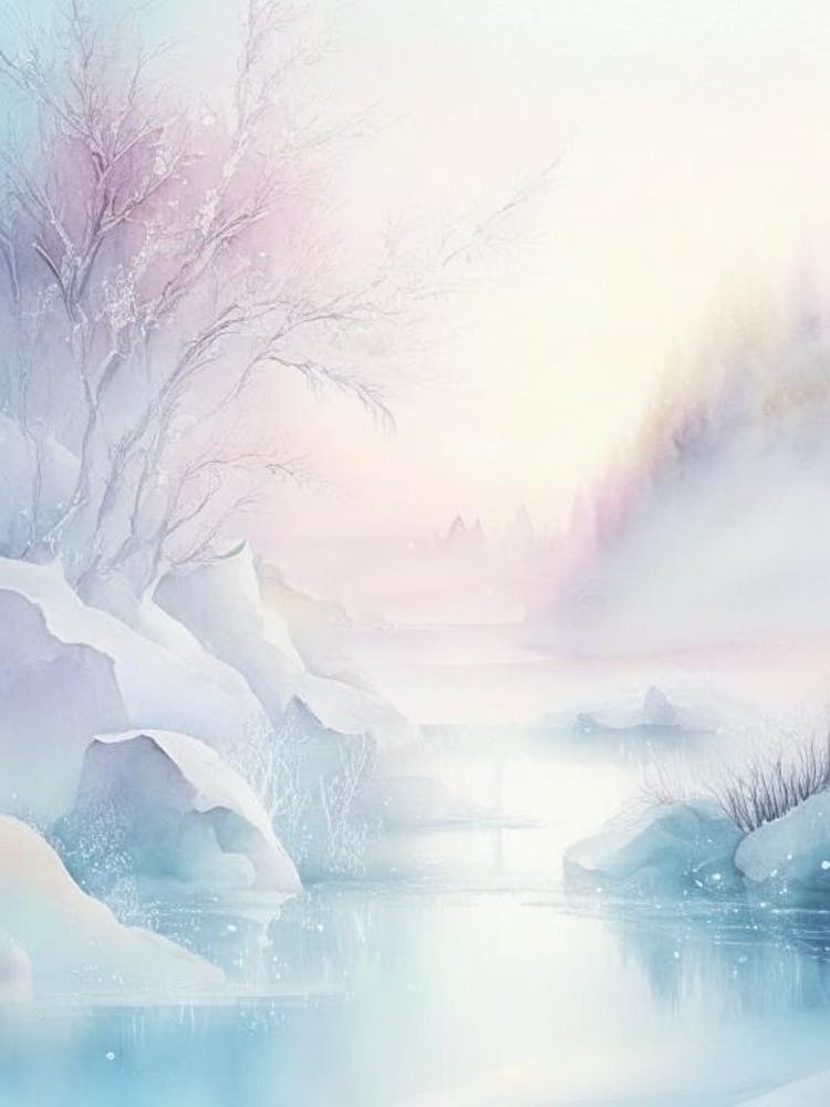 Frozen Landscapes With Icy Water Formations Waterscape Gouache 1