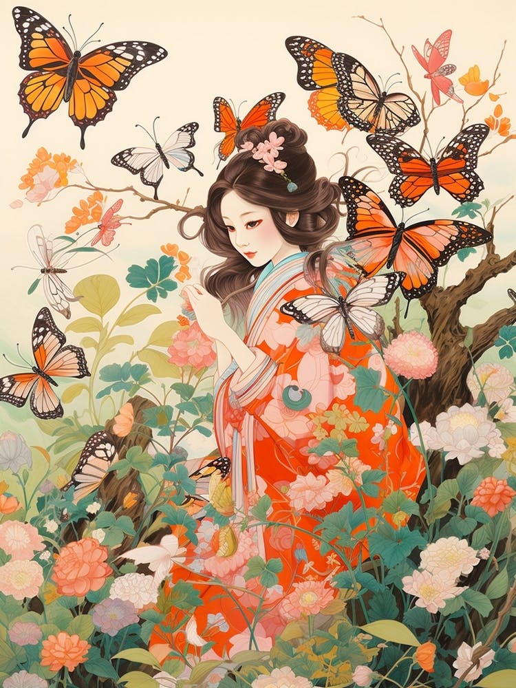 Women In The Meadow With Butterflies Japanese Style Painting
