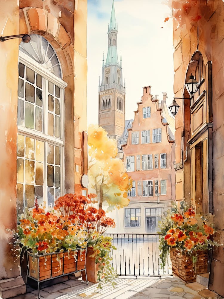 Window View Of Copenhagen Denmark In Autumn Fall, Watercolour 3