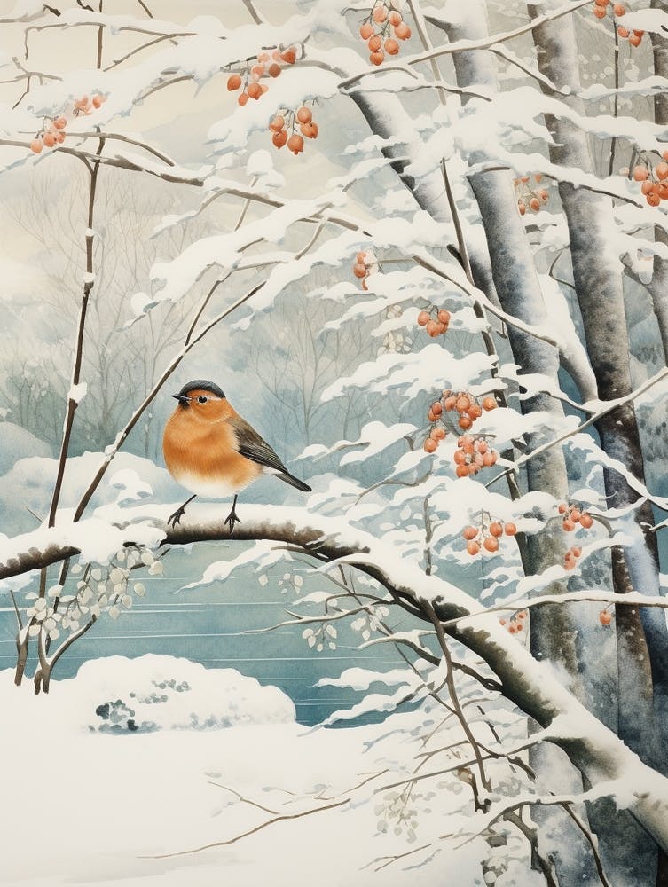 Winter Vogelgemälde Rotkehlchen 2