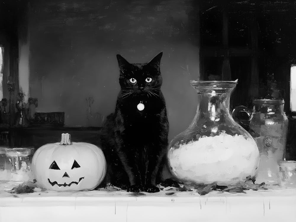 Schwarze Katze mit Kürbissen 2