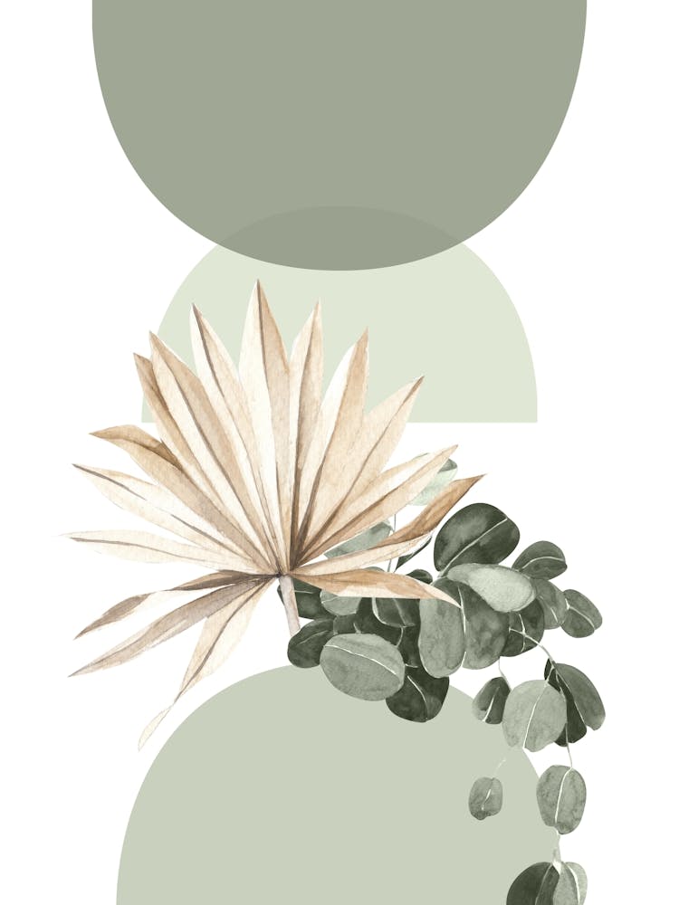 Boho Botanical Art, Sage Green and Beige Abstract, Eucalyptus and Palm Leaves 2