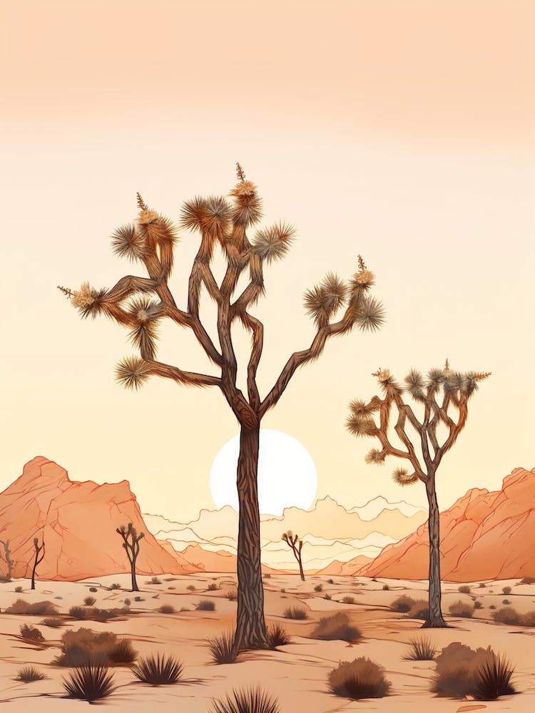 Minimalist Joshua Trees At Dawn In Desert Line Art 2