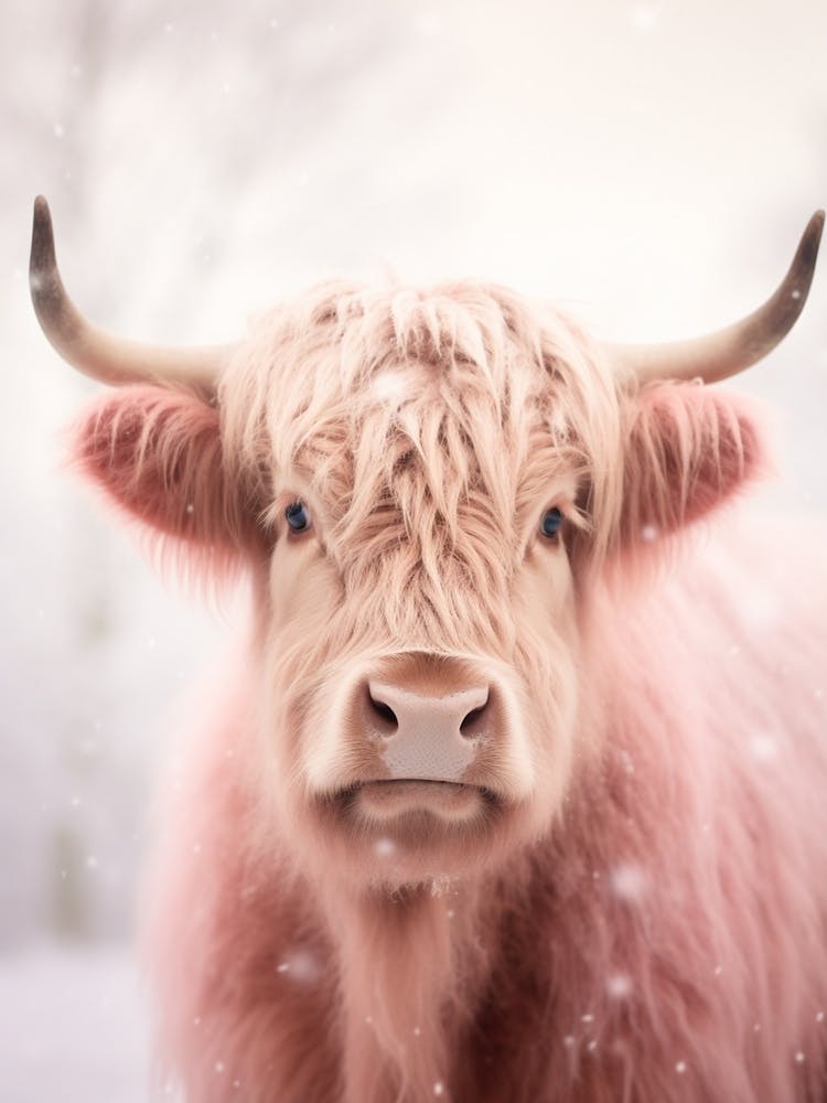 Pink Tones Of Highland Cow In The Snow