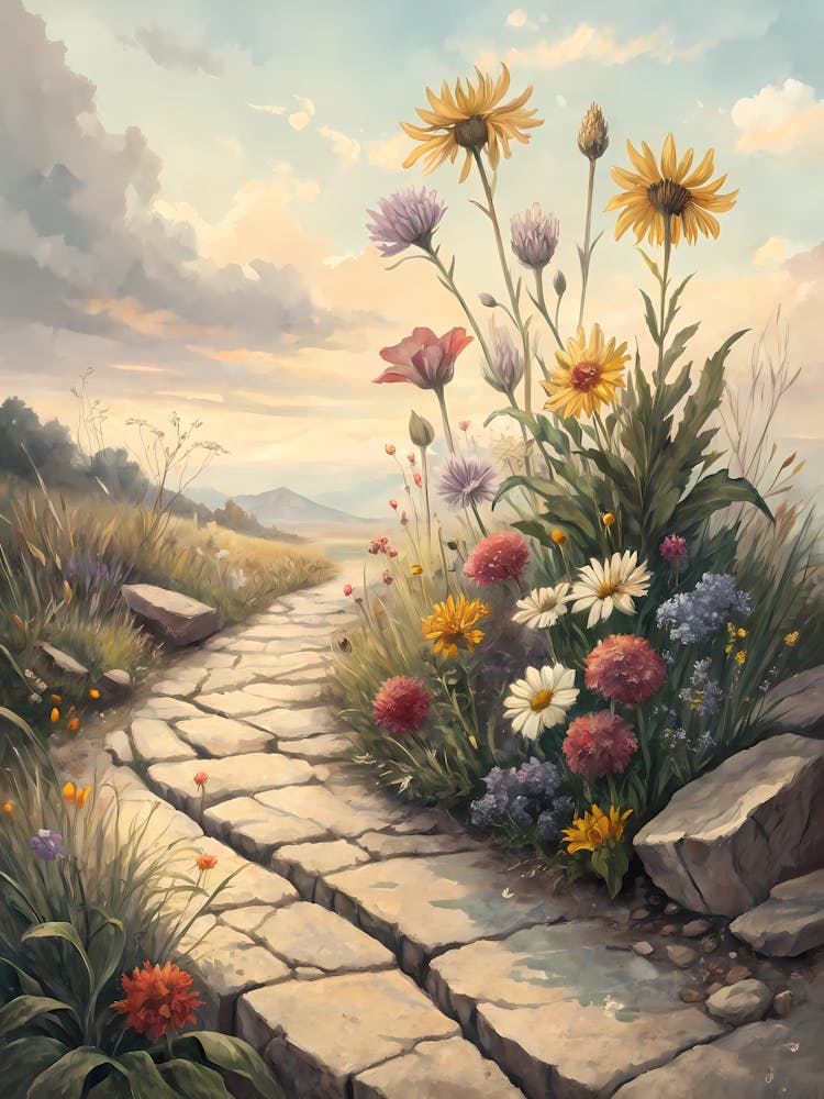 Wildflowers Growing in a Cracked Path Oil Painting Style